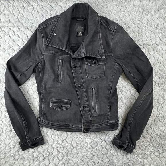 Guess Black Denim Jacket Button-Up Biker Multiple Pockets Womens‎ Size S - Picture 4 of 11